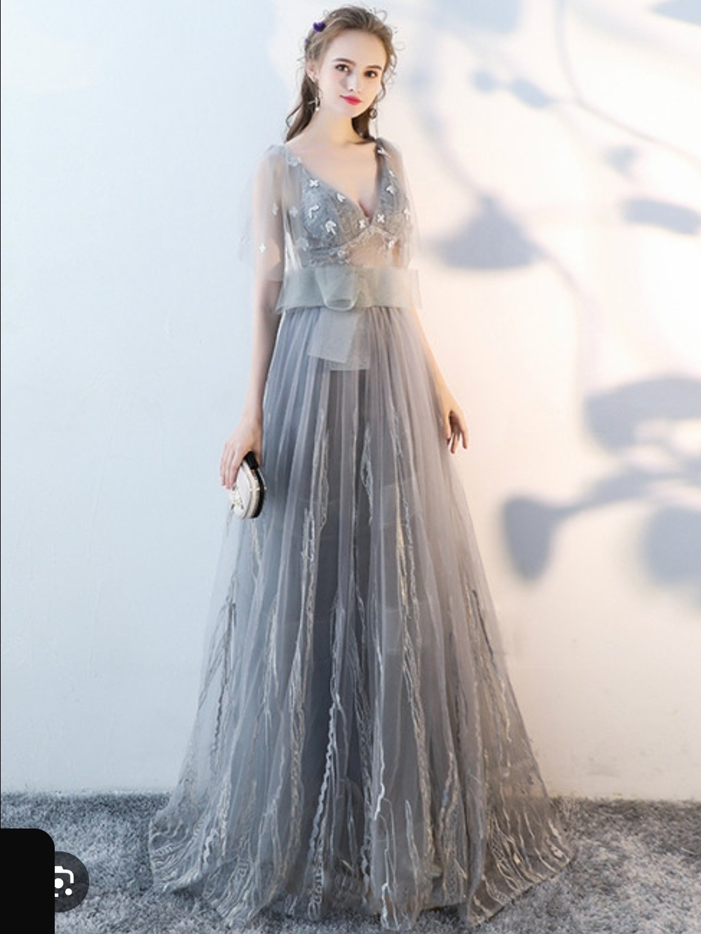 Gray V-Neck Tulle Maxi Dress with Satin Bow